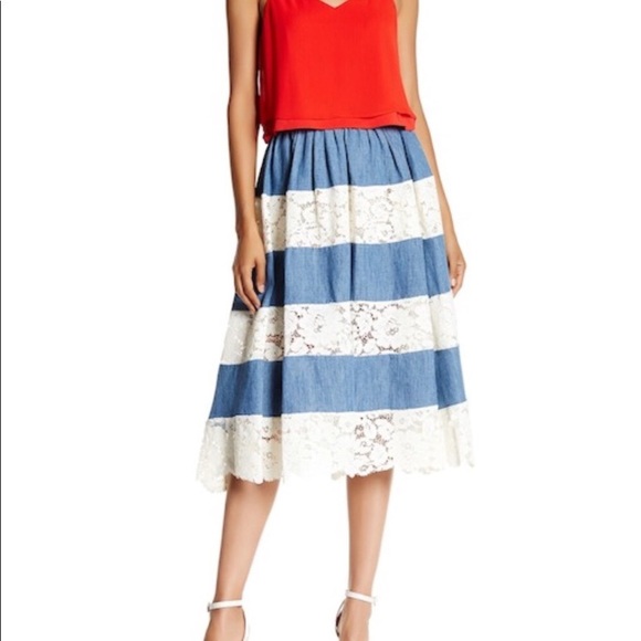 Alice + Olivia Romy Lace Panel Denim Midi Skirt 0 - Picture 8 of 8